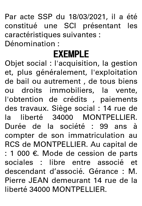 Modèle annonce légale de constitution SCI Hérault