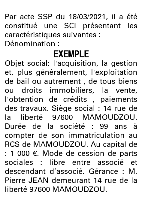 Modèle annonce légale de constitution SCI Mayotte