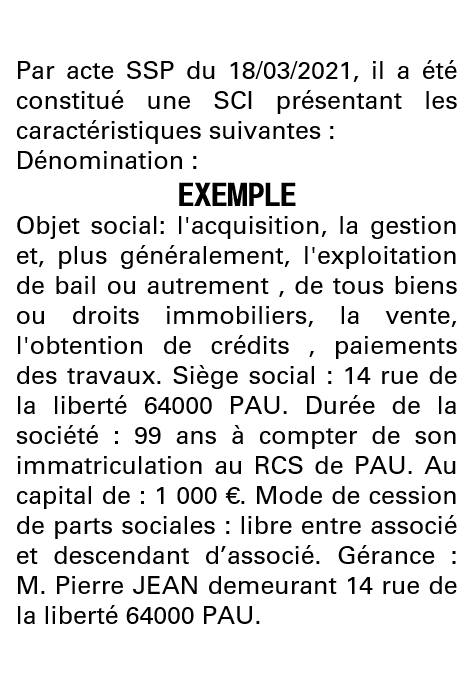 Modèle annonce légale de constitution SCI Pyrénées-Atlantiques