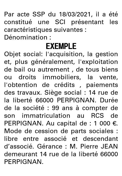 Modèle annonce légale de constitution SCI Pyrénées-Orientales
