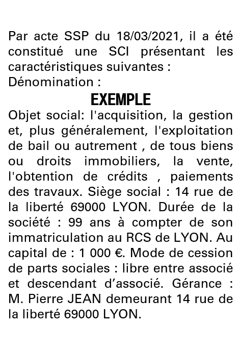 Modèle annonce légale de constitution SCI Rhône