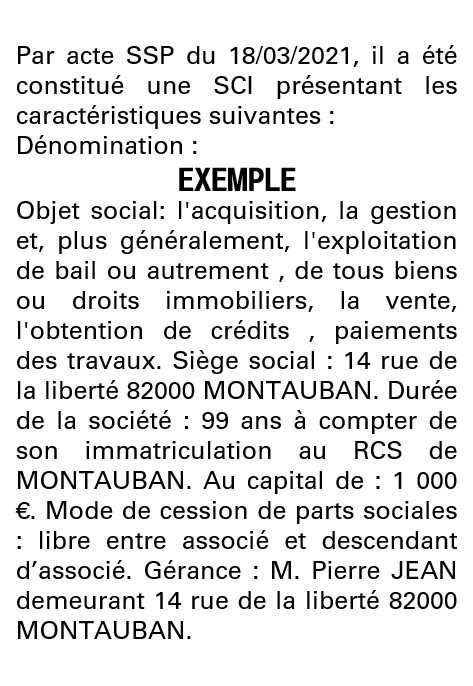 Modèle annonce légale de constitution SCI Tarn-et-Garonne