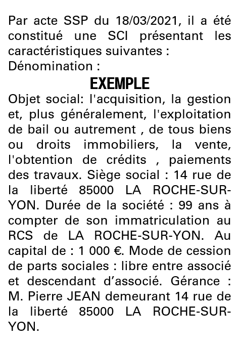 Modèle annonce légale de constitution SCI Vendée