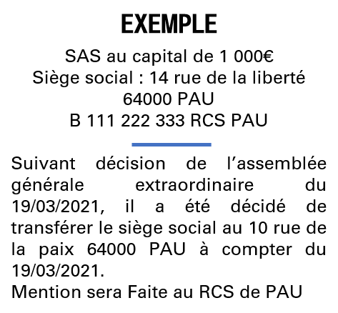 Modèle annonce légale de transfert de siège Pyrénées-Atlantiques