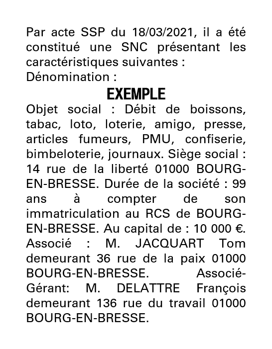 Exemple annonce légale création SNC